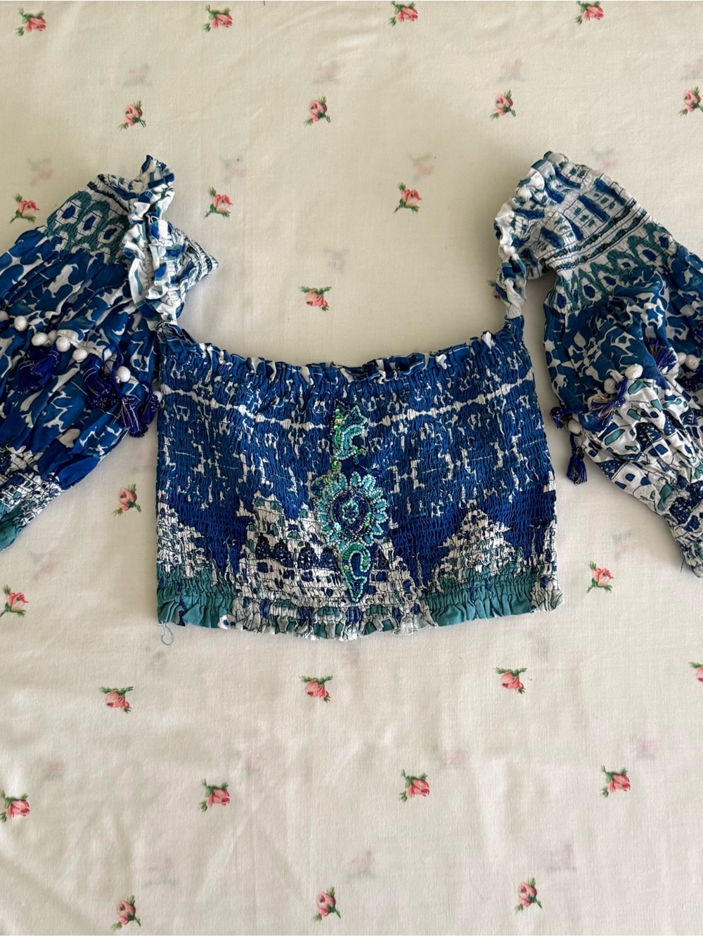 Antica Sartoria by by Giacomo Cinque Smocked Off-Shoulder Blue Floral Crop Top